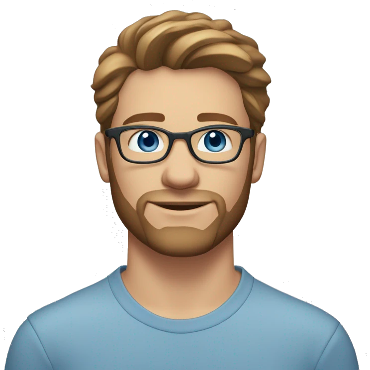 A head and shoulders shot of a 26 year old Caucasian man, with short brown hair, with beard facial hair,  wearing glasses with blue eyes wearing a t-shirt. emoji