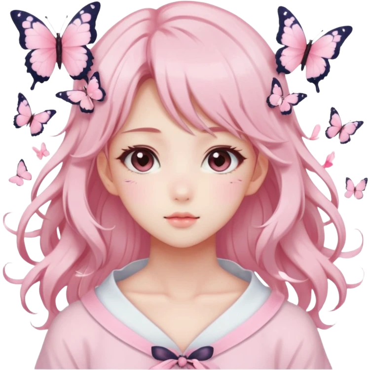 A Gorgeous Beautiful Anime Lady Sakura Cherry Blossom and Pretty Hair, pastelcore aesthetic, pastel pink and white, butterfly, Fairycore emoji