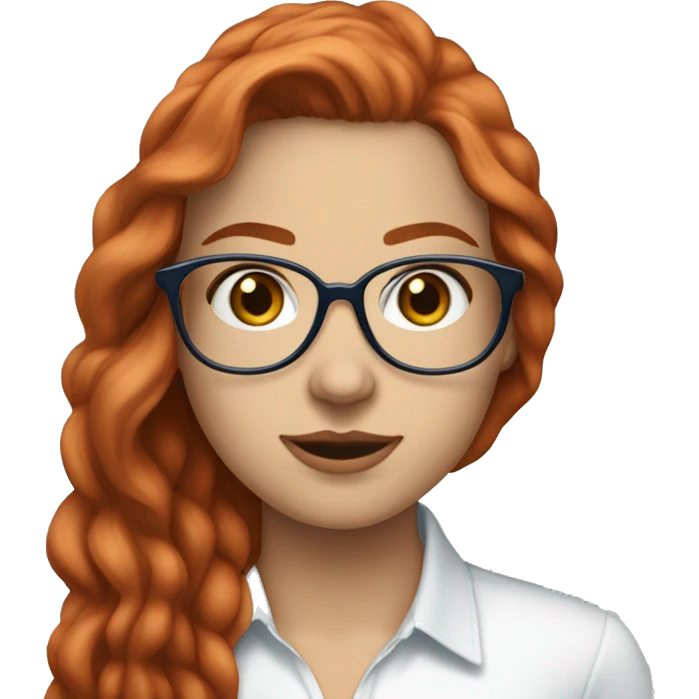 White-girl-with-long-hair-red-head-eyes-blue-wearing-wire-rim-glasses-blouse-formal-white emoji