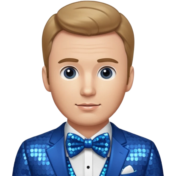 Chris Evans with dark blonde hair, blue sequin suit with bow tie emoji