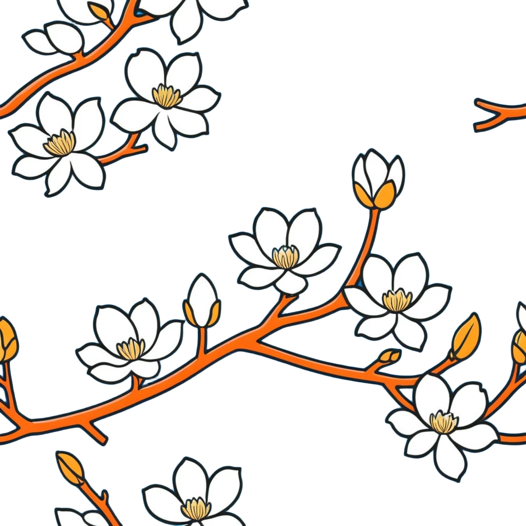 Artistic Japanese Magnolia kobus (kobushi) blossom with elegant composition reminiscent of kimono patterns, white star-shaped flowers on dark branch, gold accents, soft blue background emoji