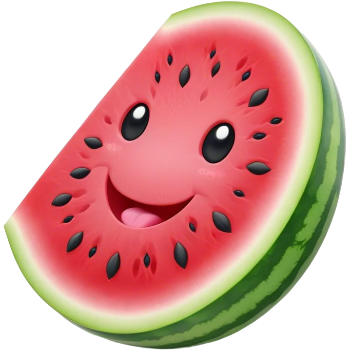 Cute Kawaii Watermelon Slice, juicy and vibrant, soft pastel green rind with pink flesh, tiny black seeds shaped like hearts, an adorable happy face with cute round eyes, bursting with summer energy! emoji