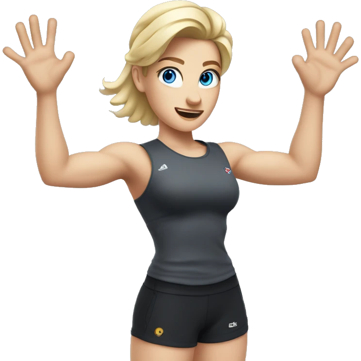 Close up Actively gesturing  with hands Pale skinned Fit woman With the biceps and blonde hair in dark gray Sleeveless Mike, black sports shorts, watch and white Sneakers and Blue Eyes  emoji