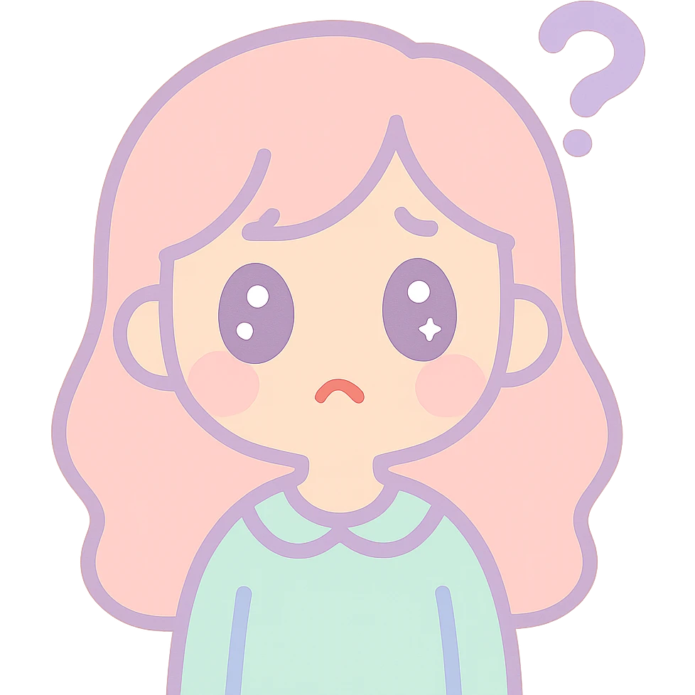 kawaii style young woman with big eyes looking upwards with a confused expression, pastel background emoji