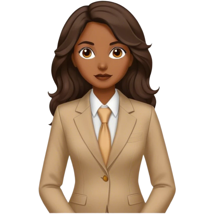 dark brown woman with medium brown long wavy hair with middle part and an executive tan suit  emoji