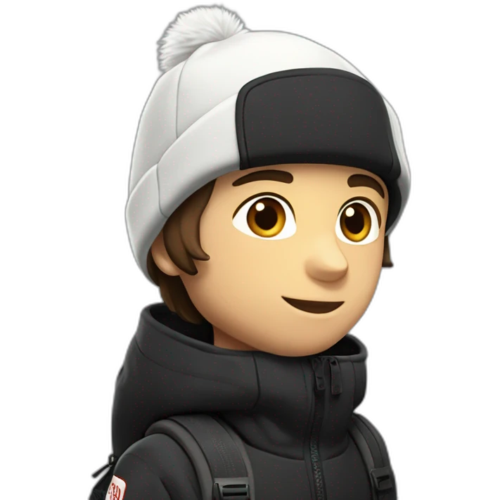white boy,mi-long brown hair,winter cap black The North face,black jacket The North face,1 Backpack emoji