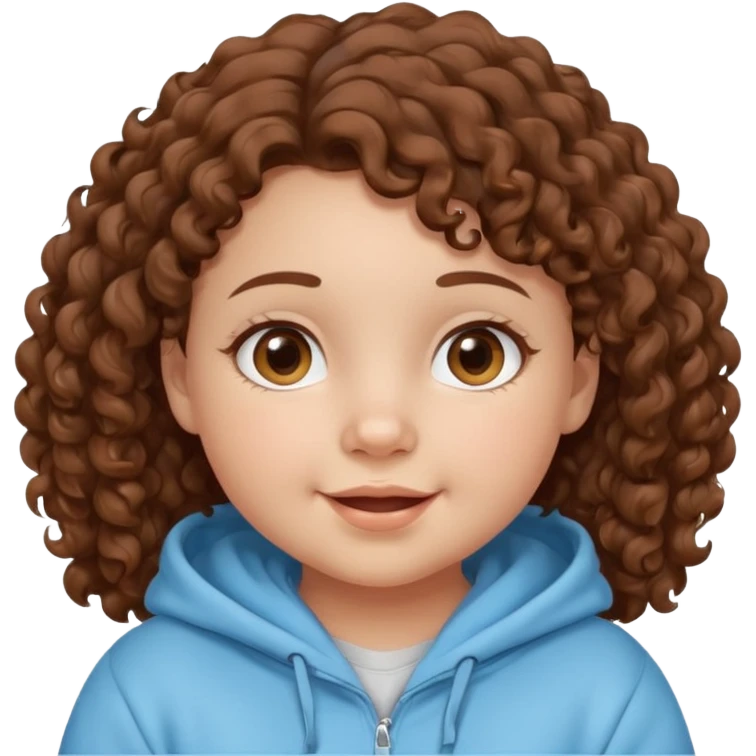 A girl with brown curly hair and chubby cheeks brown eyes and a happy face she has a baby blue hoddie emoji