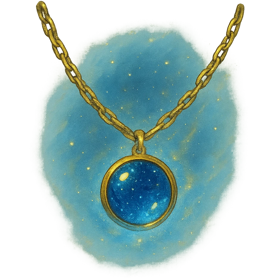gold chain floating in midair with a deep blue starry stone, glowing faintly, shimmering like liquid gold, mystical aura emoji