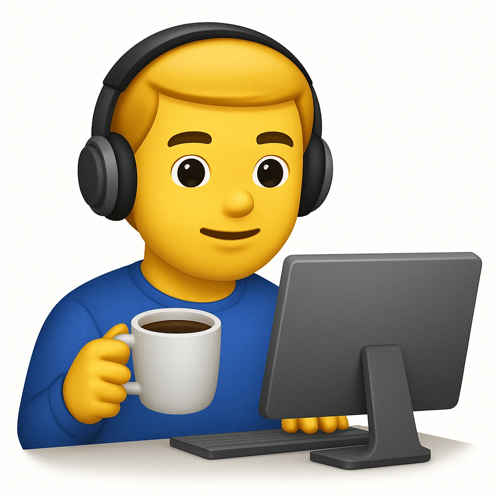 emoji ios 18, guy in headphones at computer, drinking coffee emoji