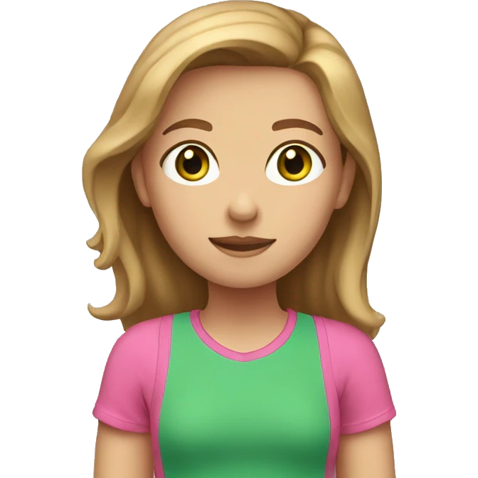 A girl with light brown hair, green eyes and a pink T-shirt emoji