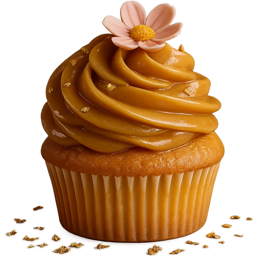 Change the icing to maple with a light golden brown color and glossy texture, keep the realistic cupcake and accessories, photorealistic style, transparent background. emoji