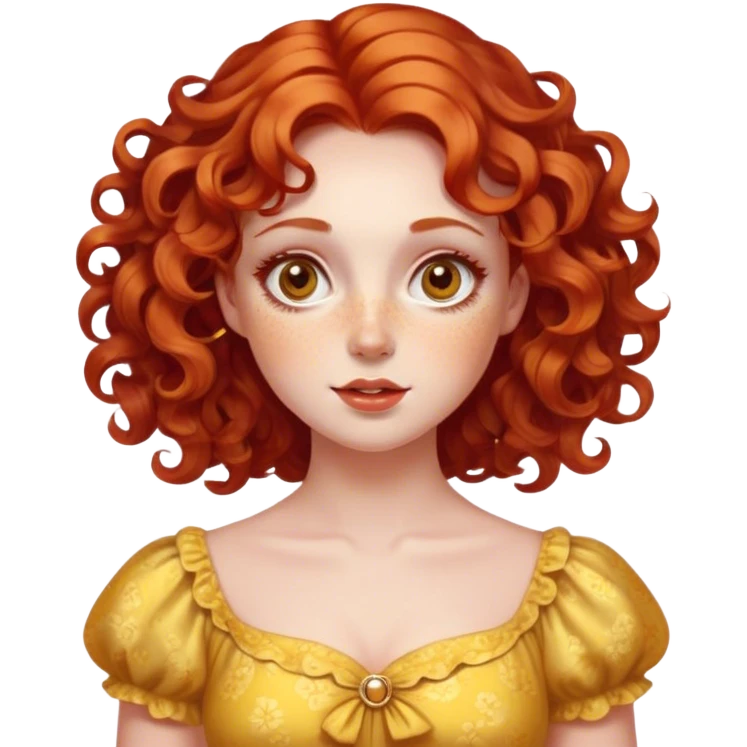 lady with Soft, round face, rosy cheeks, wide expressive eyes, wavy red hair, ringlets, Fair skin, freckles, Wears bright, often overly decorative dresses in shades of yellow or gold emoji