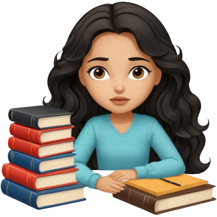 a pretty tan bratz girl with black wavy long hair studying. Pile of books on the table. No glasses. Looks tgired emoji