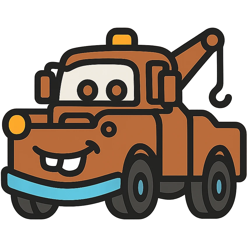simplified icon of Mater from Cars, brown and blue, cute emoji