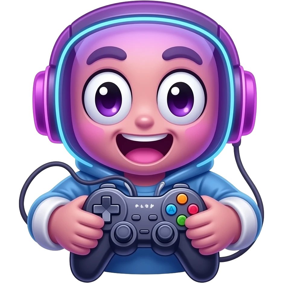 BA Start Arcade Bar: 3D emoji style, glossy surface, soft shadows, white background, centered, no text, cute gamer character, holding a controller, excited expression, purple and neon tones, no defined gender emoji