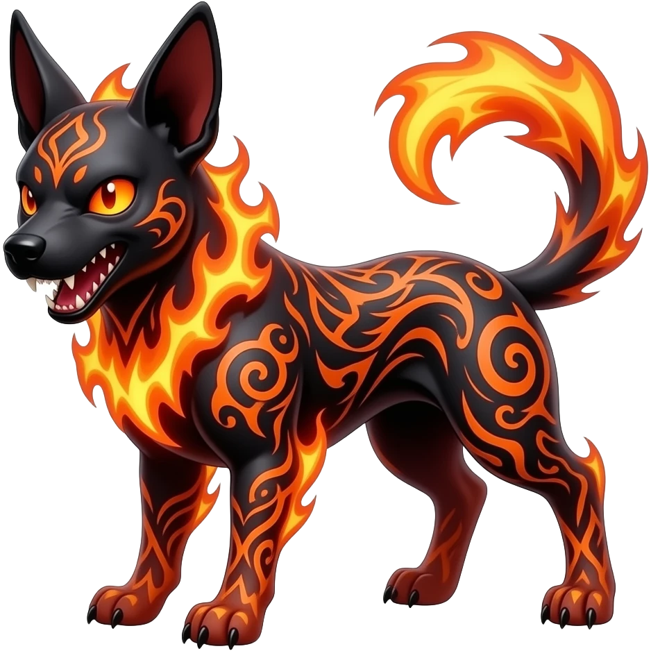 Shiny Fiery Dark Ugly Evil Realistic Glowing Eldritch Horror Cool Edgy Badass Emo Demonic Batty Dusky Ethereal Punky Aural Bioluminescent Hideous Canine-Litten-Amaura-Salandit-Noibat-Flareon-Fakémon-fusion (full body) with intricate pattern markings emoji