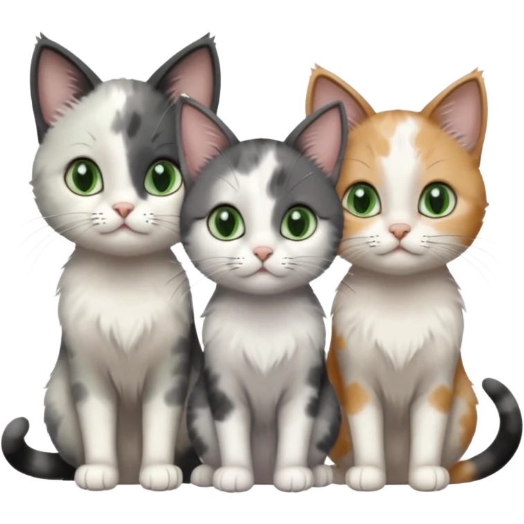 3 different coloured small cats including a dark grey and white, and a patchy calico and a completely solid dark grey with green eyes and only white paws emoji