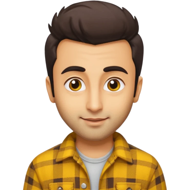 generate a pretty bratz emoji 
Make her look like Ranbir kapoor wearing a yellow flannel shirt, smirkinh

She should look exactly  like ranbir kapoor!  emoji