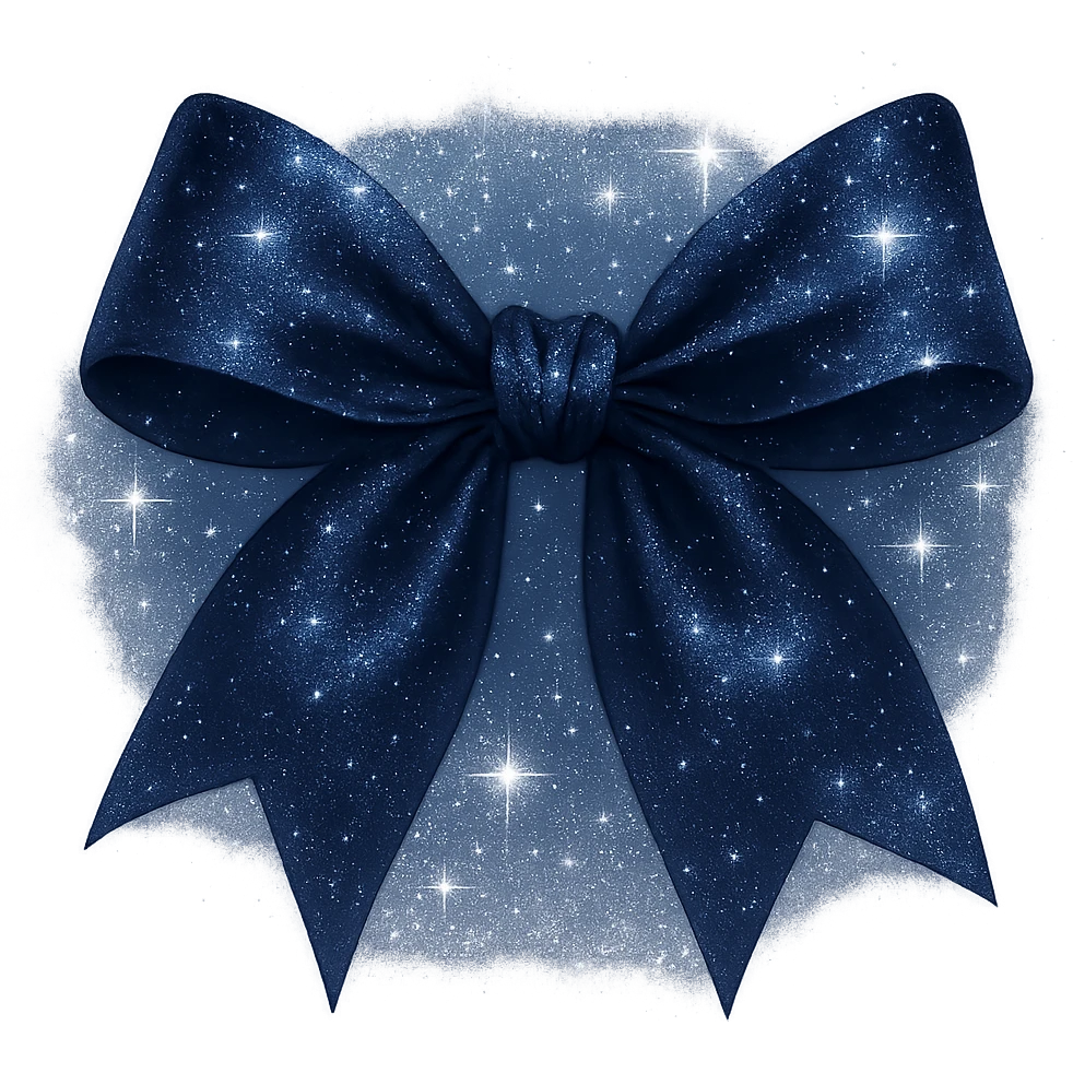 Add extra glitter and sparkling effects to the midnight bow made of deep blue satin, with subtle silver sparkles, a soft glow, and a mysterious, elegant vibe. Keep the background transparent. Maintain the look of a midnight bow with deep blue satin fabric and silver sparkles. emoji