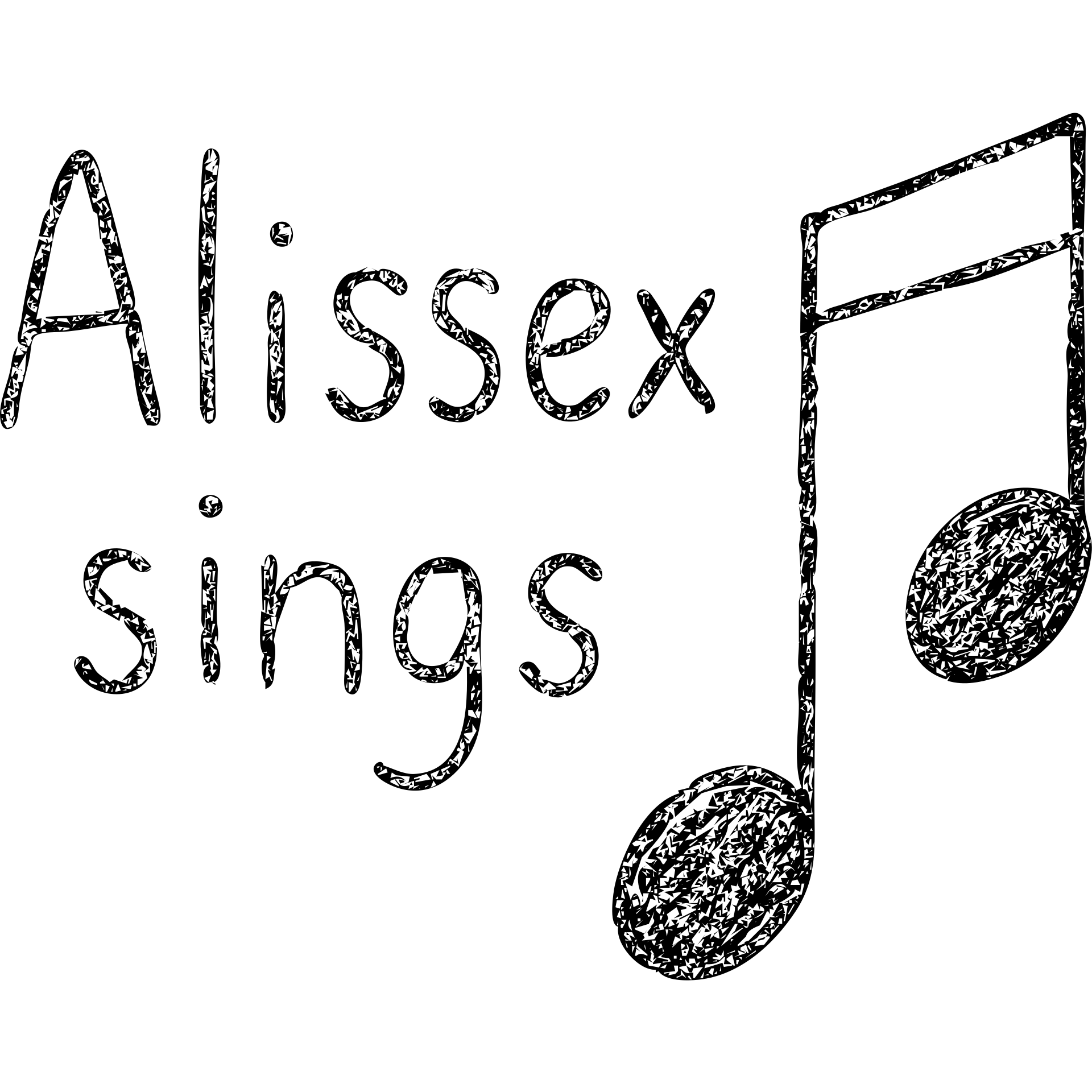 hand-drawn outlined musical note with the text 'Alissex sings' emoji