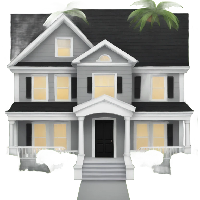 Grey 2 story house white trim black front door and palm trees emoji