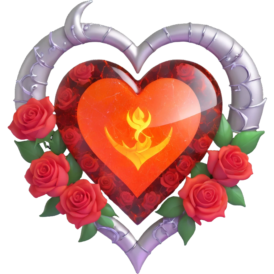 gothic heart made of fire opal glass, silver crescent moon, orange and red roses, holographic stardust, neon red lightning, wet and cracked glass emoji