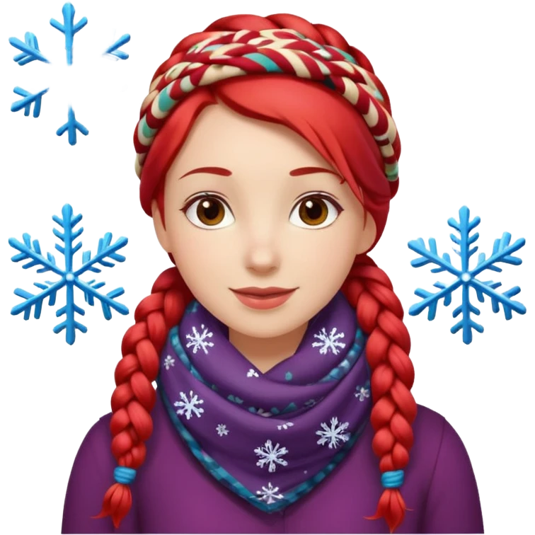 A red braid hair cheerful woman with patterned scarf, snowflakes land on her hair. emoji