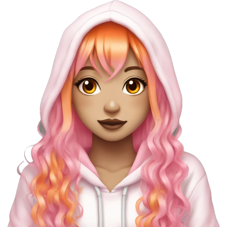 hime gyaru girl, long pink and orange hair, dark makeup, white and pink hoodie emoji