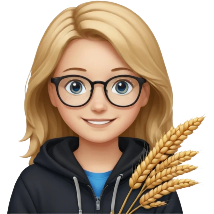 мила дівчинка з пшеничним та трохи хвилястим волоссям до грудей з голубими очами та в окулярах в чорному худі посміхається emoji