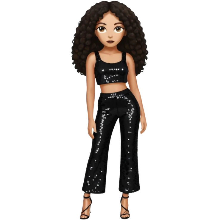 Solange with long dark brown hair, black sequin crop top, black sequin pants emoji