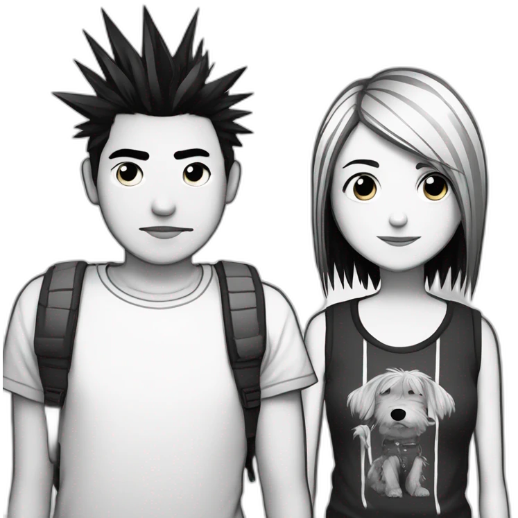 dog and a dark-haired girl with spiky hair looking at each other in style of ((sarah andersen)), black and white emoji