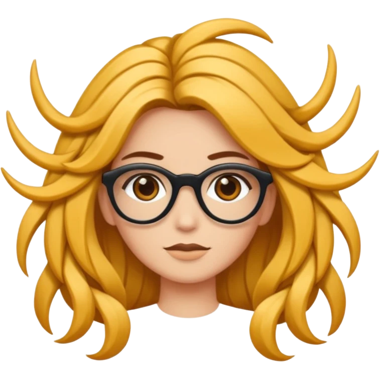 Uma garota de cabelos encaracolados compridos e mechas bem loiras, com pele morena  e óculos emoji