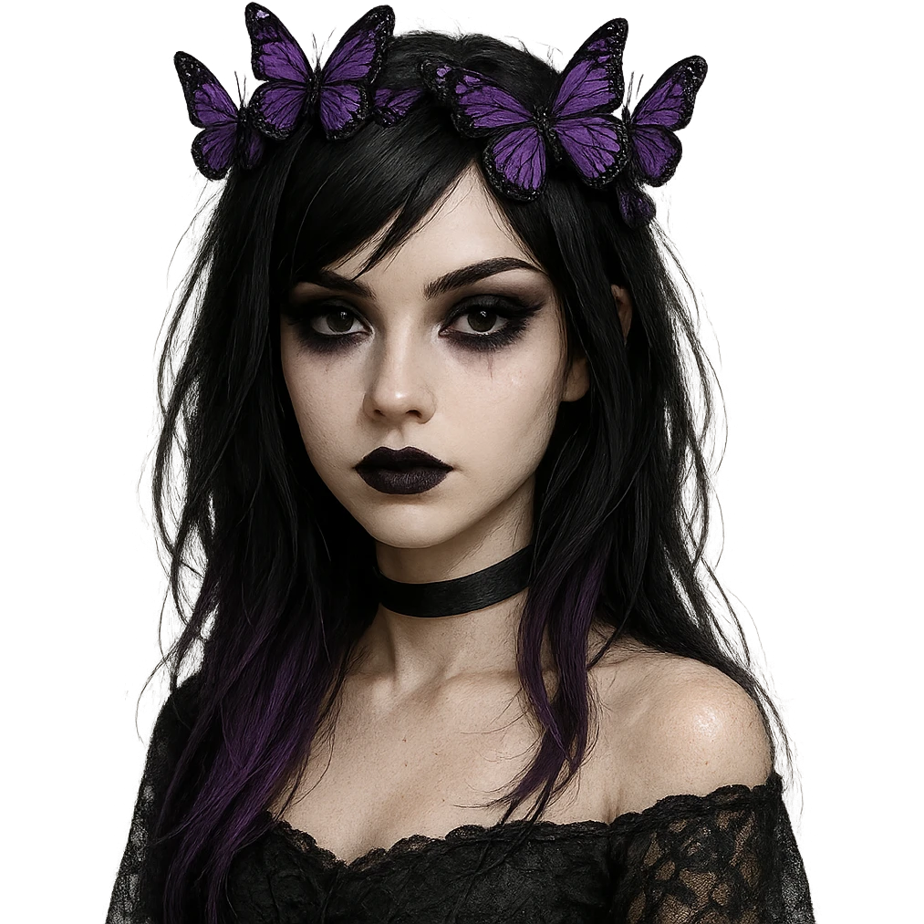 emo girl with dark hair, purple highlights, gothic makeup, butterfly crown, mysterious and elegant emoji