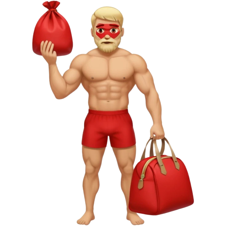 a muscular man wtih a blond short hair and beard pooping in a red bag emoji