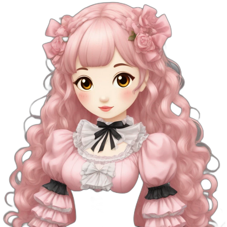 Vestido rosa pastel y negro gothic lolita, cuerpo completo, color de piel morena, pelo largo, pelo de color rojo y negro emoji