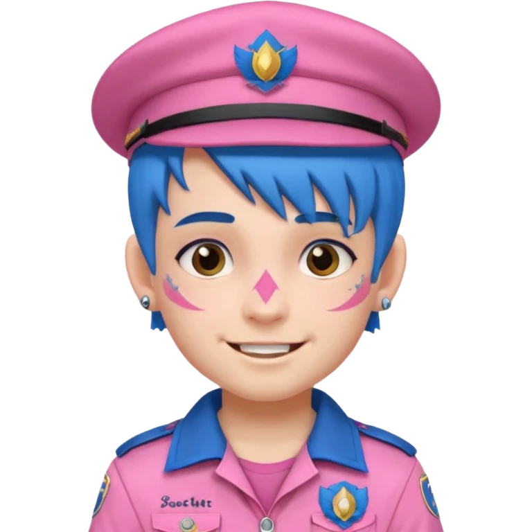 scout boy with very pink scout uniform, blue haired and hat, heavy face tattoed emoji