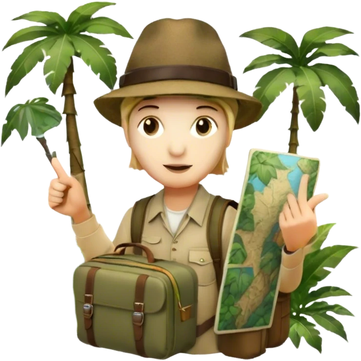 Icon for Travel Documentary: A vintage TV-style design with a traveler pointing backward, telling a story in the jungle. Include lush greenery, exotic animals, and a backpack. The traveler should be wearing a hat and holding a map. Retro, informative TV style. Transparent background. emoji