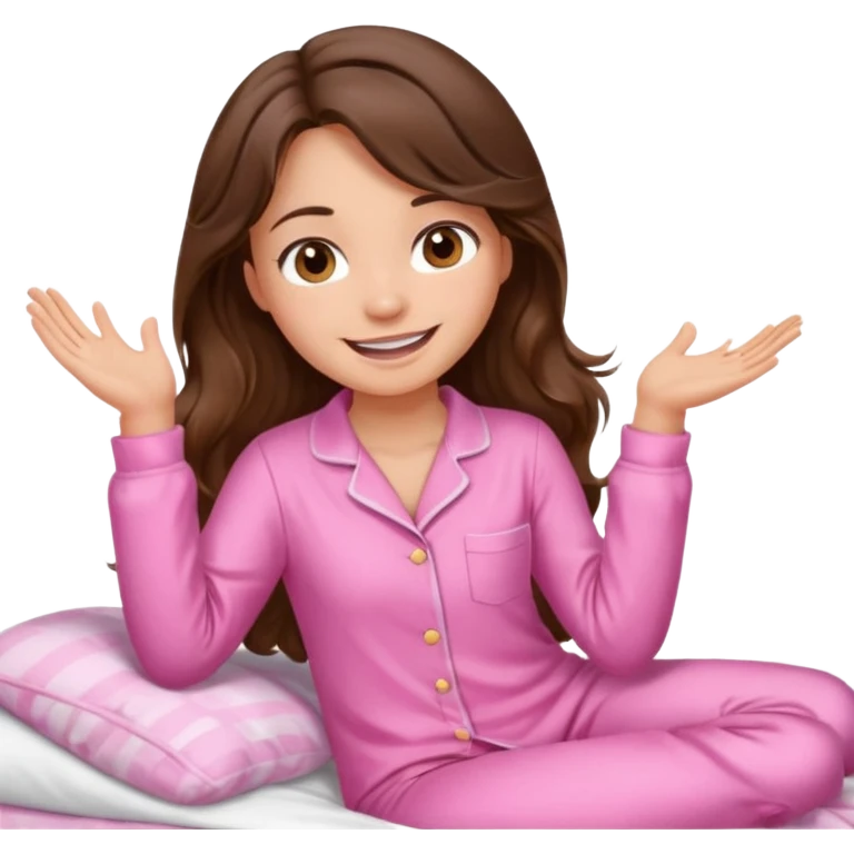 Brunette girl with long wavy brown hair with brown eyes and slapping on a withe bed with cute pink pjs emoji