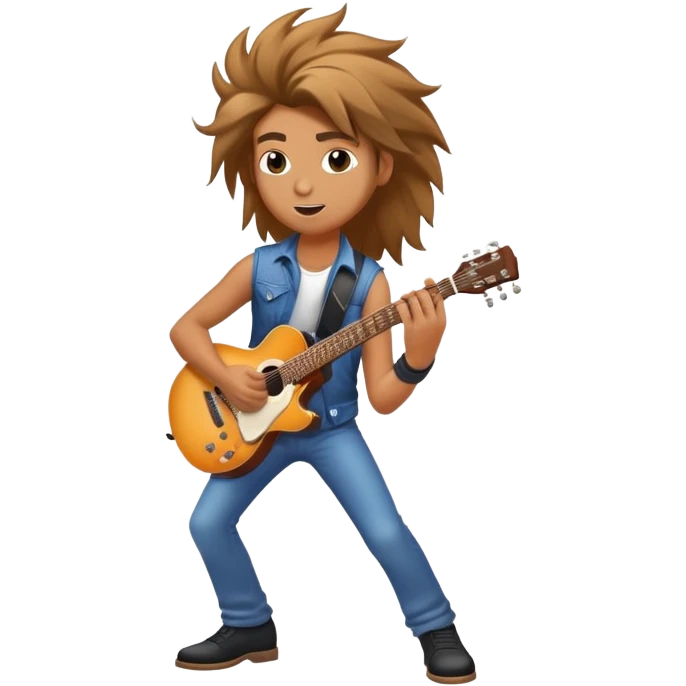 Super strong rockstar on the guitar while being shined on by a massive spotlight with his hair blowing and a cool aura emoji