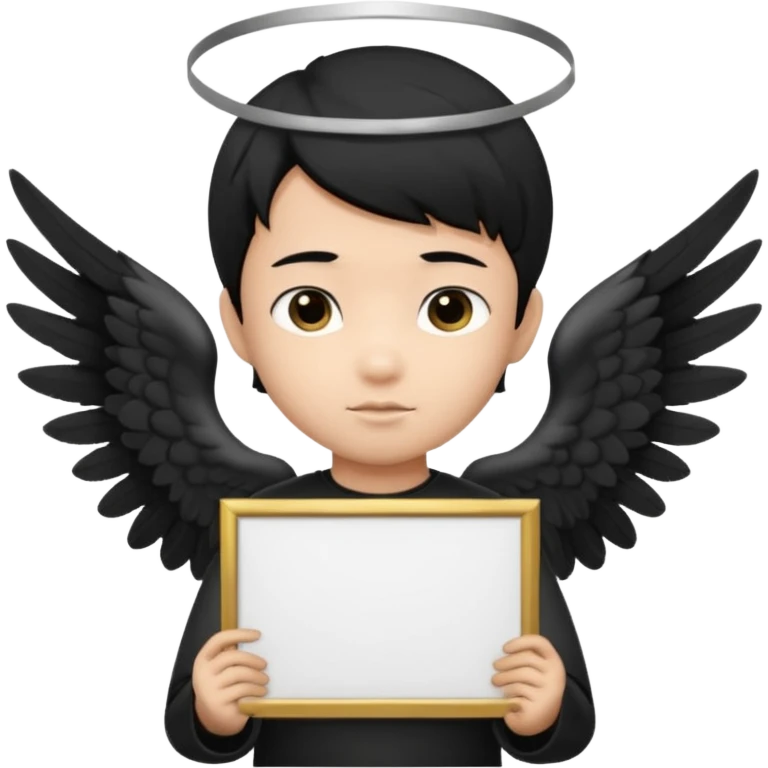 Asian Boy Angel with black hair black halo and black wings holding a large blank sign emoji