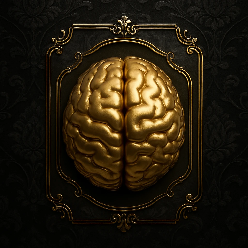 3d metallic gold brain icon, symbolizing common sense, on a dark black Victorian silk patterned background with gothic florals. The brain is classic, arcane, and mysterious, inside a thin ornate frame that follows the brain's shape, with a spotlight effect on the interior. High definition, elegant, and mysterious. emoji