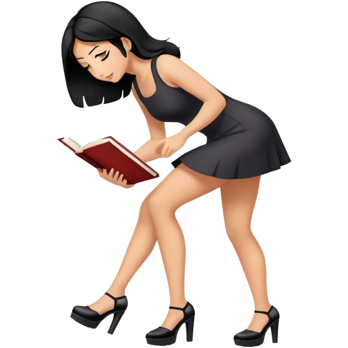 Bimbo walking, platform heels, mini dress, black hair tanned, hot, bending to pick up book from ground, hot,  only book.  emoji