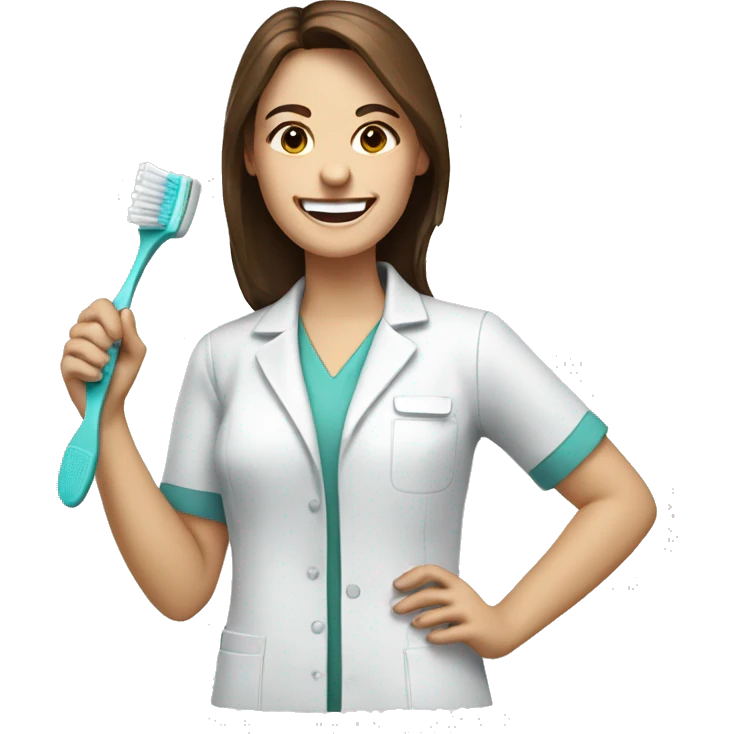 Woman dentist brown hair holding toothbrush smiling wide  emoji