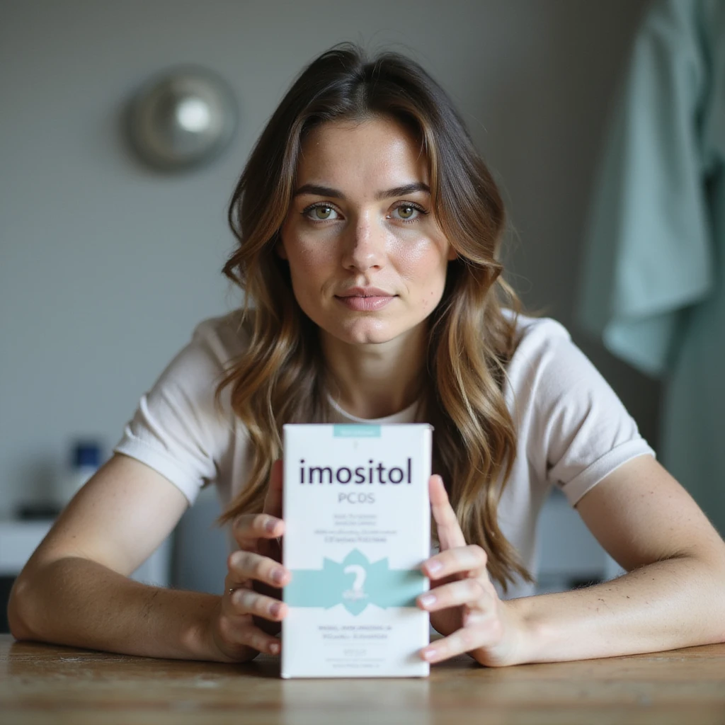 realistic photo of a woman with PCOS sitting at a table, showing a box of inositol towards the camera, face with acne marks, chin facial hair, thin hair, clinical environment, soft light emoji