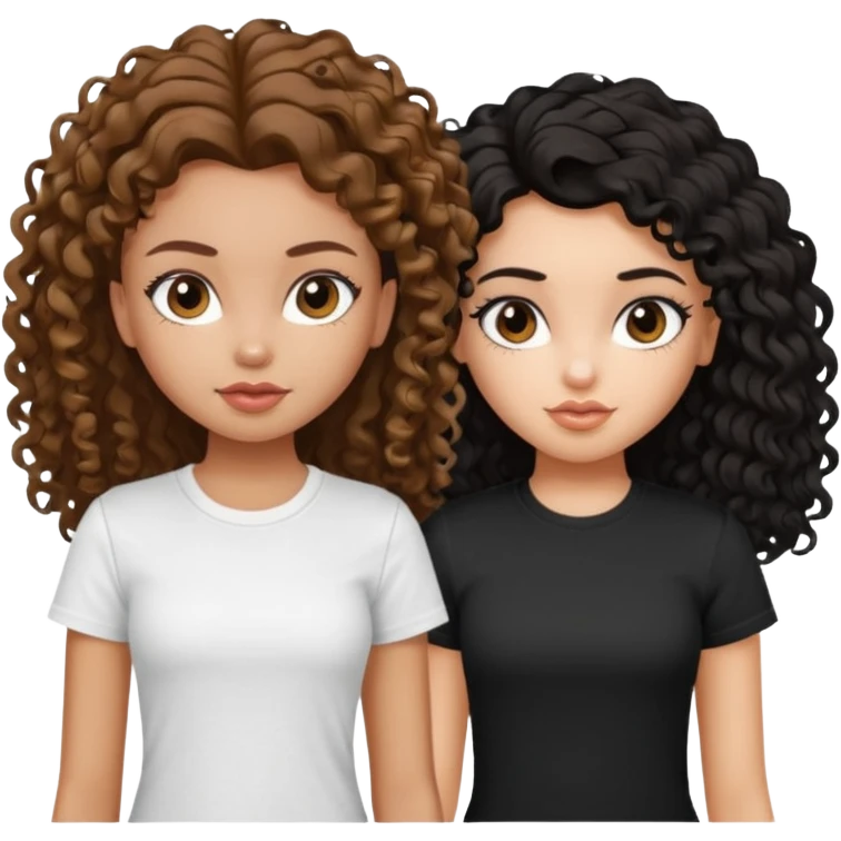 2 pretty bratz fair girls. One has straight brown hair and is tan, wearing a white tshirt. One is fair with curly black hair, wearing a black tshirt  emoji