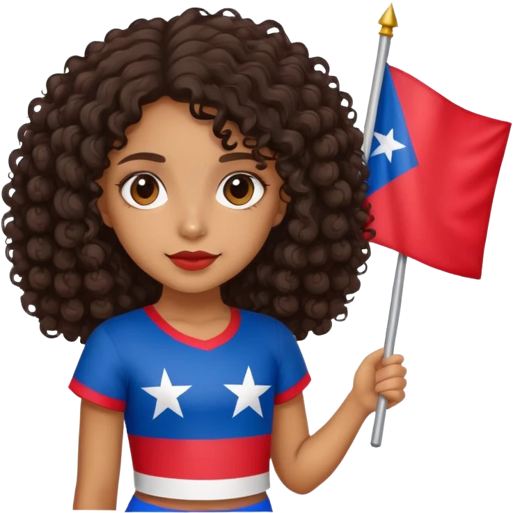 Tan skin girl with dark curly hair holding a Puerto Rican flag emoji