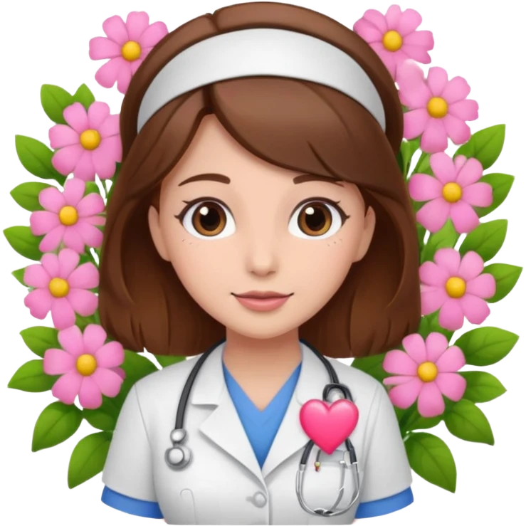 Brown hair Nurse with pink heart and flowers surround her emoji
