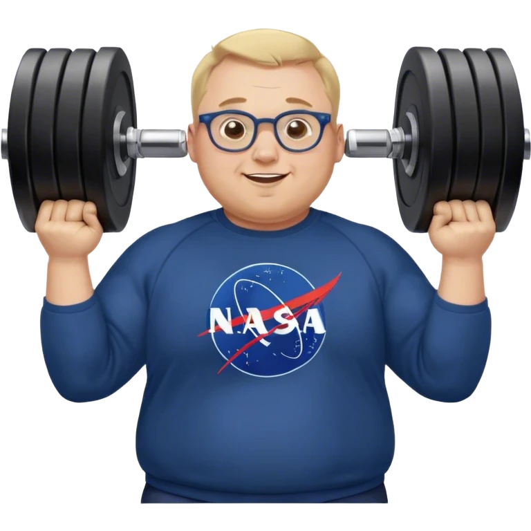 happy chubby man, lifts weights,  blond short and hight receding hairline, wearing a dark blue sweatshirt, nasa logo on the sweatshirt, round glasses without frame, 40 years old emoji