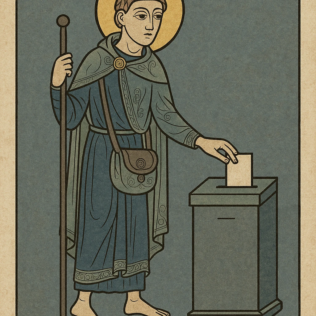 medieval pilgrim casting a vote, stylized illustration emoji