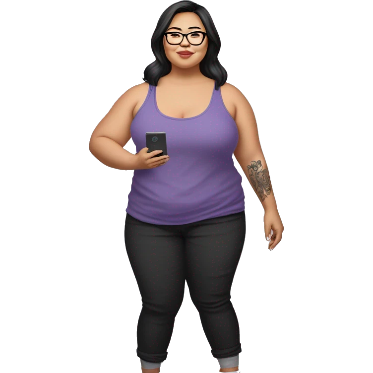 A plus size asian woman with transparent frame prescription glasses wearing long black pants with lavender colored tank top tucked in with several medium size tattoos on her left biceps and holding a kindle on her right hand while standing emoji